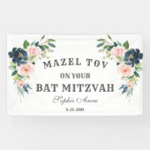 Blush Navy Blue Flowers Bat Mitzvah Welcome Sign Spandoek (Horizontaal)