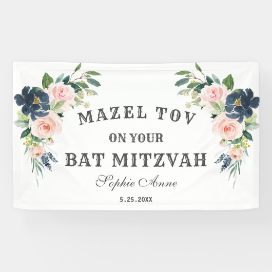 Blush Navy Blue Flowers Bat Mitzvah Welcome Sign Spandoek (Horizontaal)