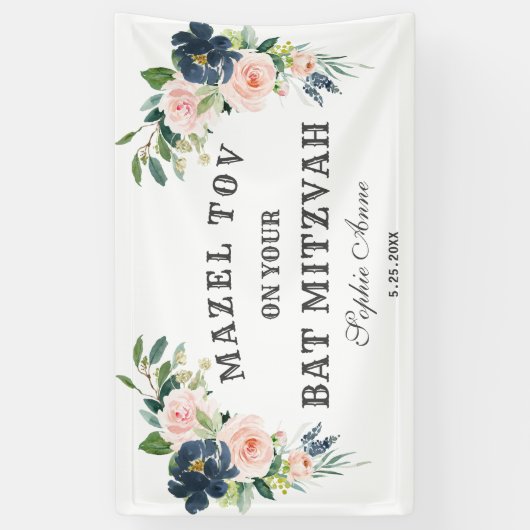 Blush Navy Blue Flowers Bat Mitzvah Welcome Sign Spandoek (Verticaal)