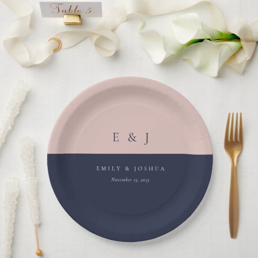 Blush Navy Blue Moderne Trouwfeest Papieren Bordje (Huwelijk)