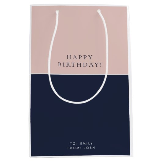 Blush Navy Blue Moderne Verjaardag Medium Cadeauzakje (Voorkant)