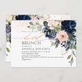 Blush Navy Blue Waterverf Flowers Bridal Brunch Kaart (Voorkant / Achterkant)