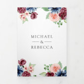 Blush Navy Bourgogne Bloemen Zwart QR Code Bruilof Drieluik Uitnodiging (Cover)