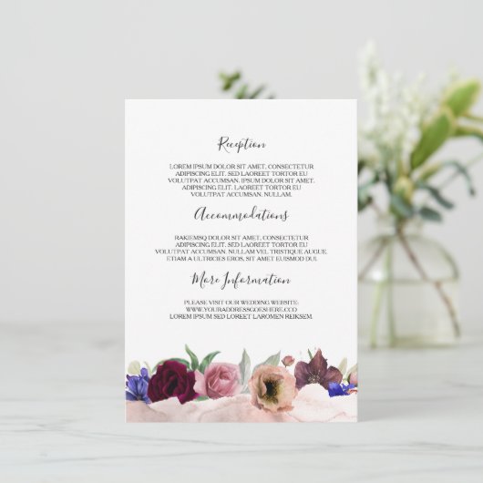 Blush Navy Bourgogne Bruiloft Informatie Informatiekaartje (Staand voorkant)