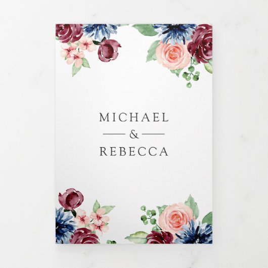 Blush Navy Bourgondië Floral Marsala QR Code Bruil Drieluik Uitnodiging (Cover)