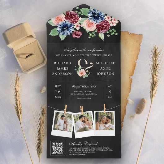 Blush Navy Bourgondië Floral QR Code Zwart Bruilof All In One Uitnodiging