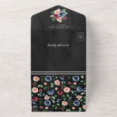 Blush Navy Bourgondië Floral QR Code Zwart Bruilof All In One Uitnodiging (Buitenkant)