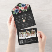 Blush Navy Bourgondië Floral QR Code Zwart Bruilof All In One Uitnodiging (Afscheurbaar)