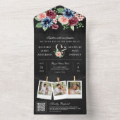 Blush Navy Bourgondië Floral QR Code Zwart Bruilof All In One Uitnodiging (Binnen)