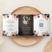 Blush Navy Bourgondië Floral Wood QR Code Bruiloft Drieluik Uitnodiging