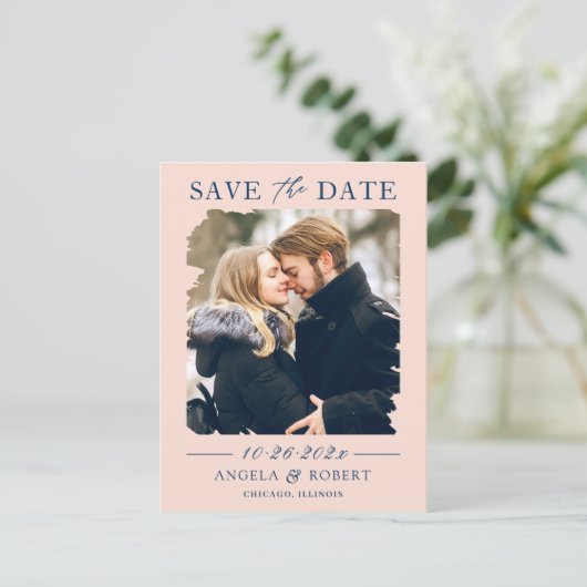 Blush Navy Brush Stroke Photo Lijst Save the Date Briefkaart (Staand voorkant)