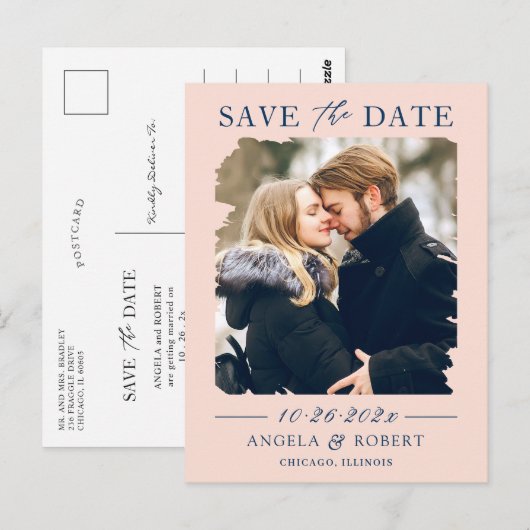 Blush Navy Brush Stroke Photo Lijst Save the Date Briefkaart (Voorkant / Achterkant)