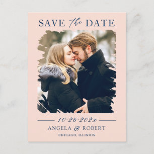 Blush Navy Brush Stroke Photo Lijst Save the Date Briefkaart