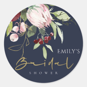 BLUSH NAVY BURGUNDY PROTEA FLORAL VRIJGEZELLENFEES RONDE STICKER