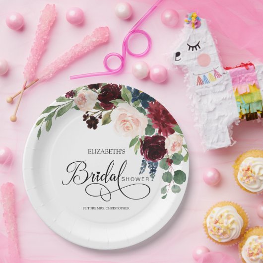 Blush Navy Burguny Marsala Floral Vrijgezellenfees Papieren Bordje (Feest)