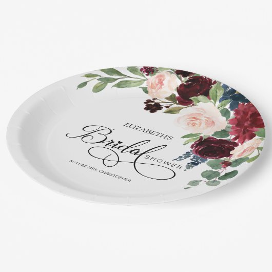 Blush Navy Burguny Marsala Floral Vrijgezellenfees Papieren Bordje (Gekanteld)