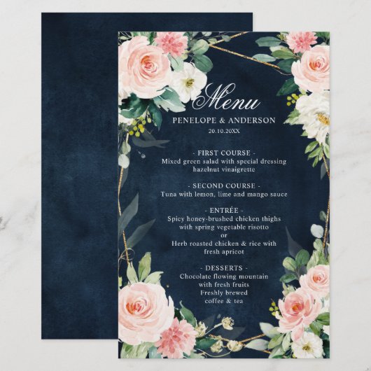 Blush Navy Dusty Blue Botanical Wedding Menu (Voorkant / Achterkant)