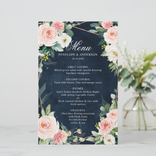 Blush Navy Dusty Blue Botanical Wedding Menu (Staand voorkant)