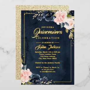 Blush Navy ECHT GOUDE FOLIE Bloemige Quinceanera Uitnodiging