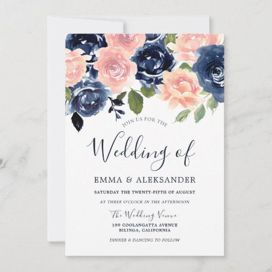 Blush & Navy Elegant Flowers Wedding Kaart (Voorkant)