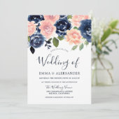 Blush & Navy Elegant Flowers Wedding Kaart (Staand voorkant)