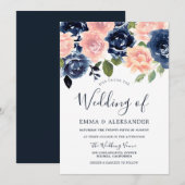 Blush & Navy Elegant Flowers Wedding Kaart (Voorkant / Achterkant)