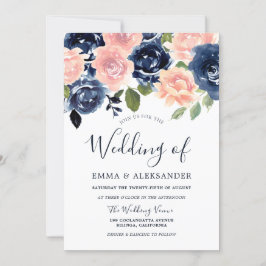 Blush & Navy Elegant Flowers Wedding Kaart