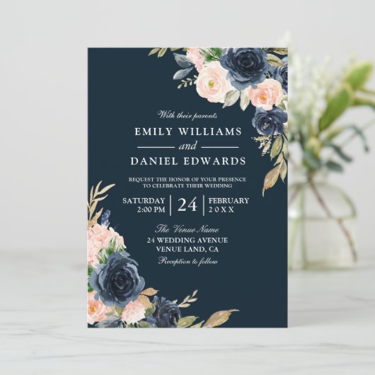 Blush & Navy Elegant Modern Wedding Kaart (Staand voorkant)