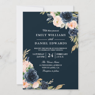 Blush & Navy Elegant Modern Wedding Kaart