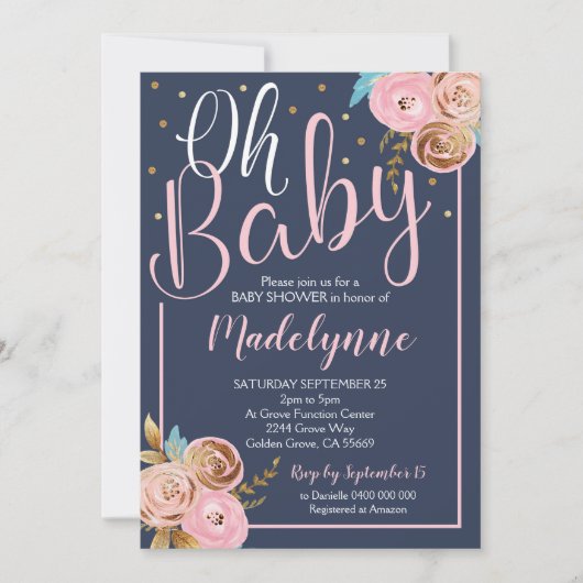 Blush Navy en Gold Floral Baby shower Kaart (Voorkant)