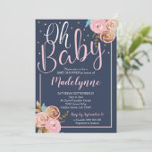 Blush Navy en Gold Floral Baby shower Kaart (Staand voorkant)
