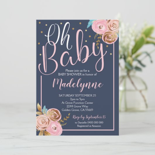 Blush Navy en Gold Floral Baby shower Kaart (Staand voorkant)
