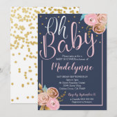 Blush Navy en Gold Floral Baby shower Kaart (Voorkant / Achterkant)