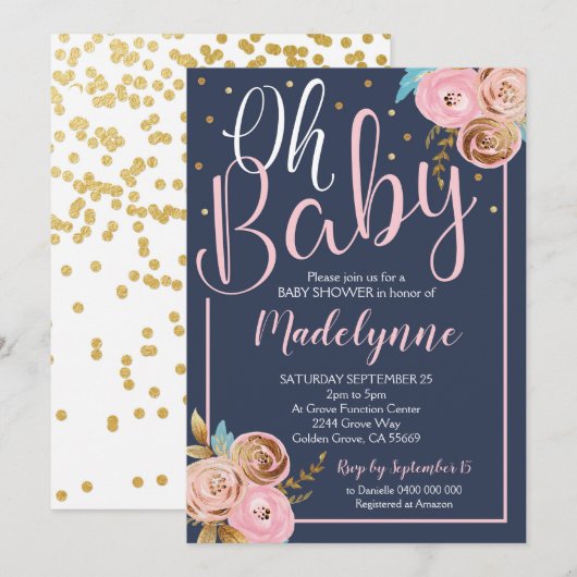 Blush Navy en Gold Floral Baby shower Kaart (Voorkant / Achterkant)