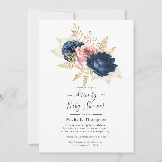 Blush, Navy en Gold Floral drive by Shower Kaart (Voorkant)