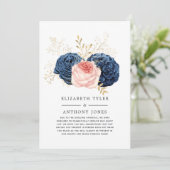 Blush, Navy en Gold Floral Reduced Wedding Guest Aankondiging (Staand voorkant)