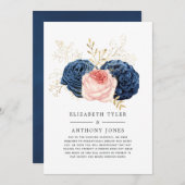 Blush, Navy en Gold Floral Reduced Wedding Guest Aankondiging (Voorkant / Achterkant)