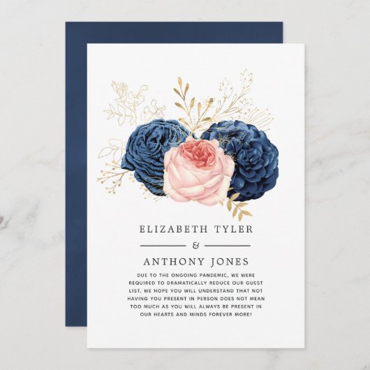 Blush, Navy en Gold Floral Reduced Wedding Guest Aankondiging (Voorkant / Achterkant)