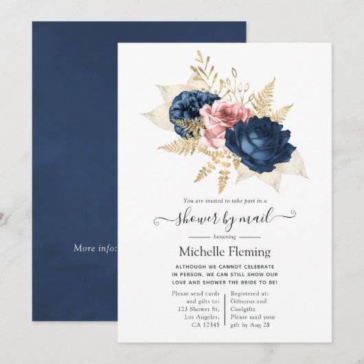 Blush, Navy en Gold Floral Shower per Mail Kaart (Voorkant / Achterkant)