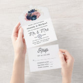 Blush, Navy en Gouden Bloemige Bruiloft All In One Uitnodiging (Afscheurbaar)