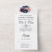 Blush, Navy en Gouden Bloemige Trouwdag All In One Uitnodiging (Binnen)