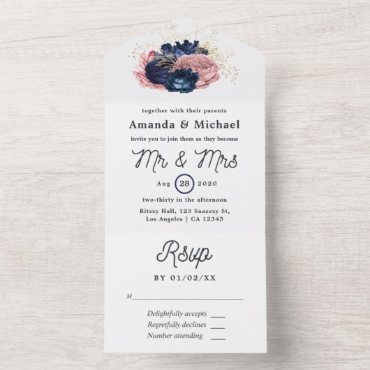 Blush, Navy en Gouden Bloemige Trouwdag All In One Uitnodiging (Binnen)