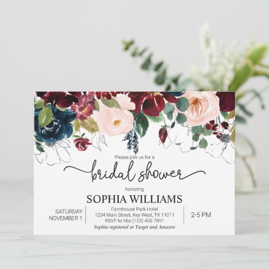 Blush & Navy Floral Bridal Shower Kaart (Staand voorkant)