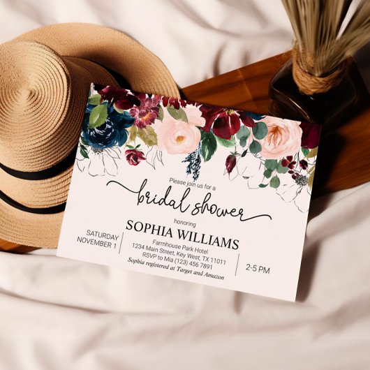 Blush & Navy Floral Bridal Shower Kaart