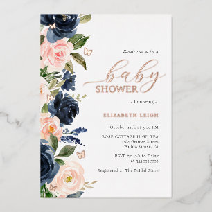 Blush Navy Floral Butterfly Baby shower Folie Uitnodiging