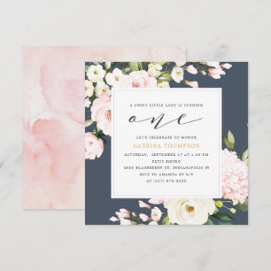 Blush Navy Floral Greenery Girl 1e verjaardag Kaart