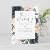 Blush Navy Floral Lijst Wedding Kaart (Staand voorkant)