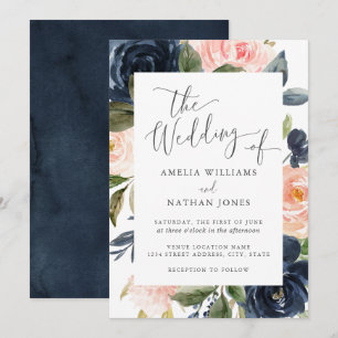 Blush Navy Floral Lijst Wedding Kaart