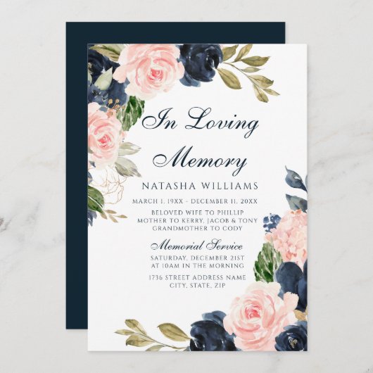 Blush & Navy Floral Memorial Notice Service Kaart (Voorkant / Achterkant)