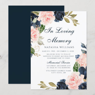 Blush & Navy Floral Memorial Notice Service Kaart